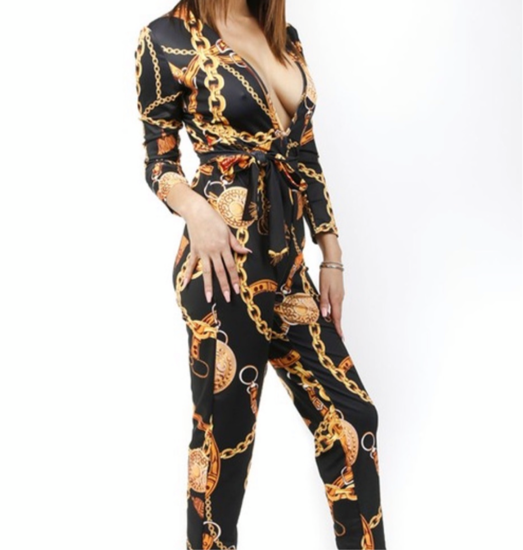 Women's Black Gold Chain Print Jumpsuit – Unleashed Streetwear and