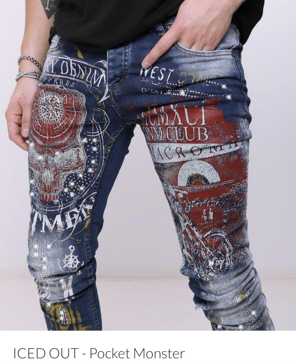 Streetwear SERNES 2024 Men's Iced Out Rhinestone Slim Painted Designer Jeans 32