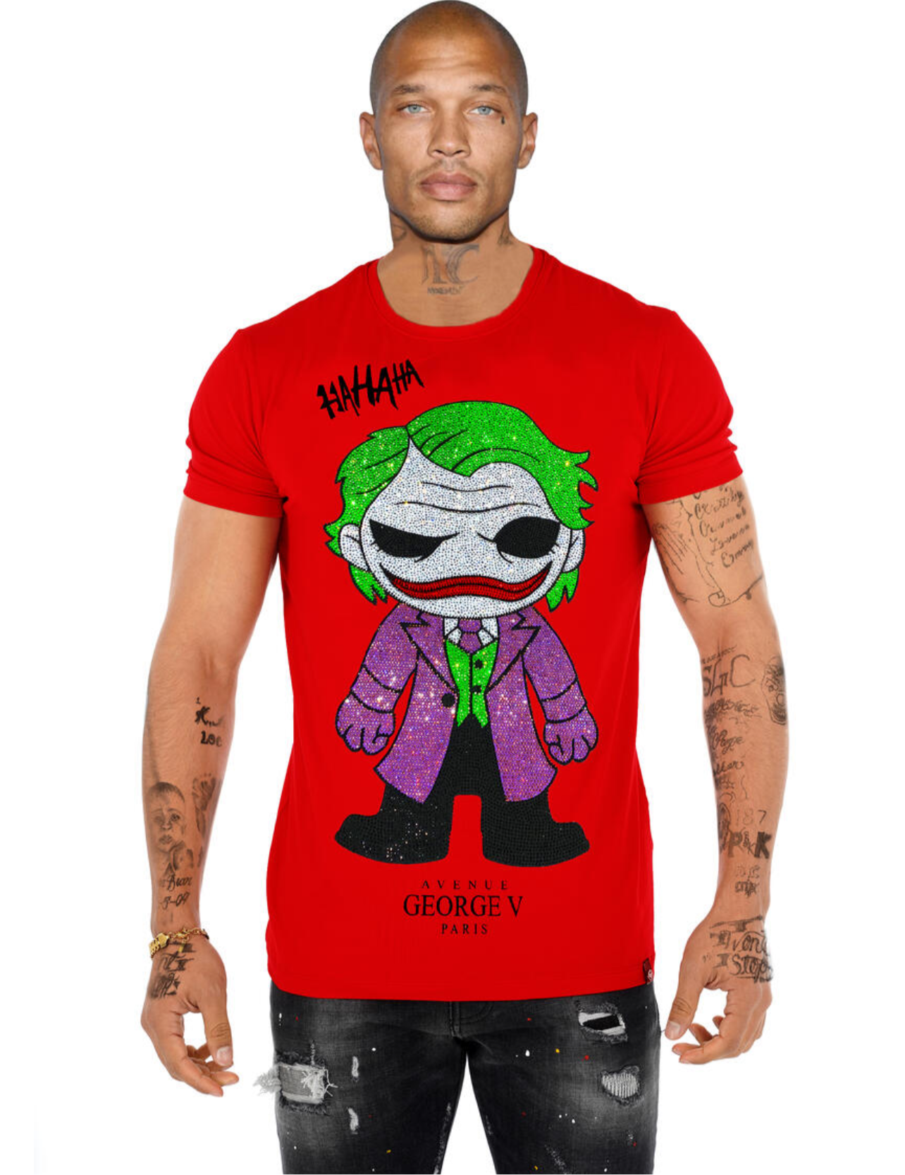 George V Red Joker Rhinestone Designer Men’s Tee Shirt