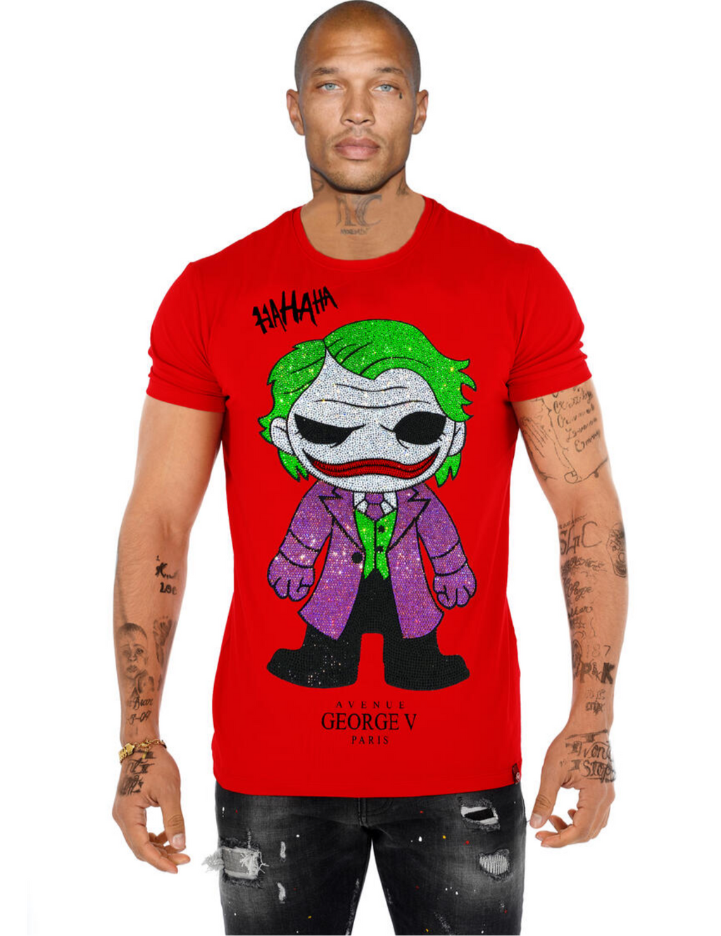 George V Red Joker Rhinestone Designer Men’s Tee Shirt