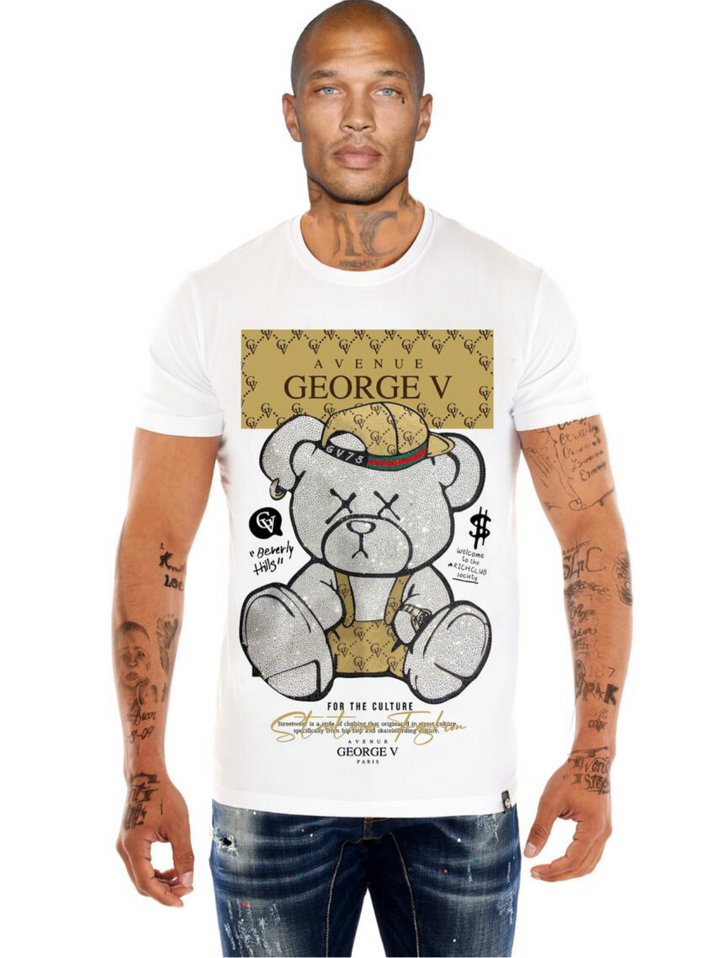 George V White Rhinestone Designer Men’s Tee Shirt