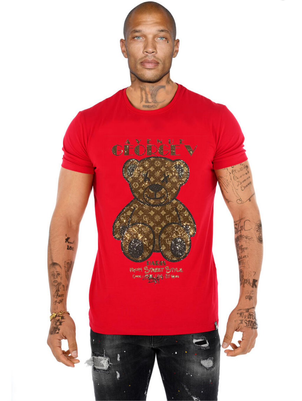 George V Red Rhinestone Designer Men’s Tee Shirt