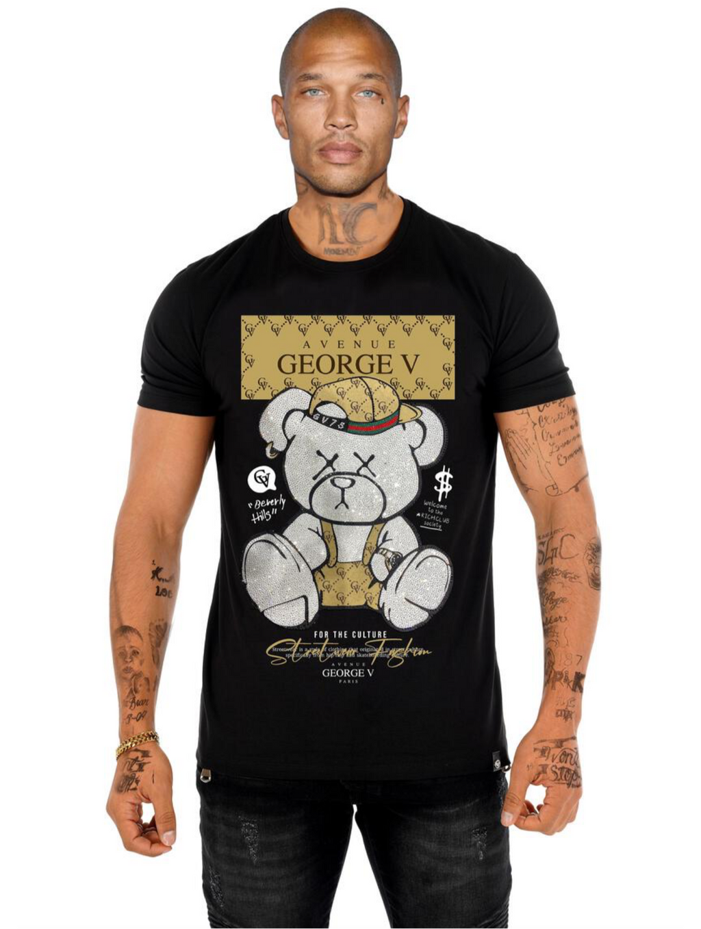 George V Black Rhinestone Designer Men’s Tee Shirt