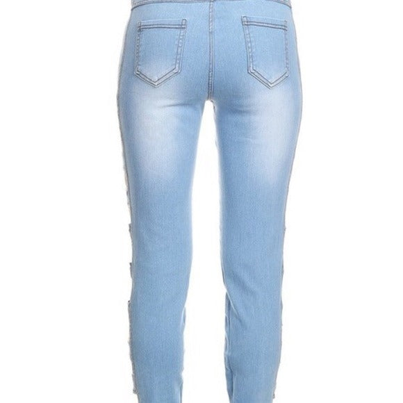 Light Blue Denim Stretch Jeans Cut Out Pants