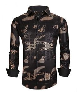Italian Designer Men's Black Shimmering Gold Dress Shirt Unleashed Streetwear and Apparel Italian Designer Men's Black Shimmering Gold Dress Shirt Unleashed Streetwear and Apparel
