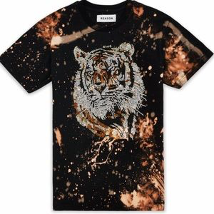 Rhinestone Tiger Black Bleached Mens Tee Shirt