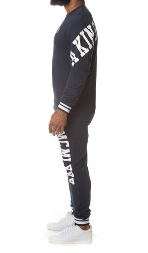 Akoo Men’s Navy Blue Crew Sweater Sweatsuit 2 Piece Set