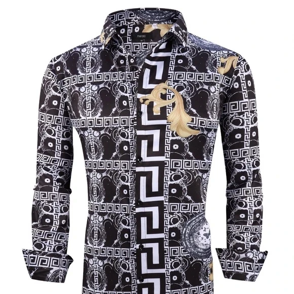 Italian Designer Black White Men's Shiny Dress Shirt Unleashed Streetwear and Apparel Italian Designer Black White Men's Shiny Dress Shirt Unleashed Streetwear and Apparel