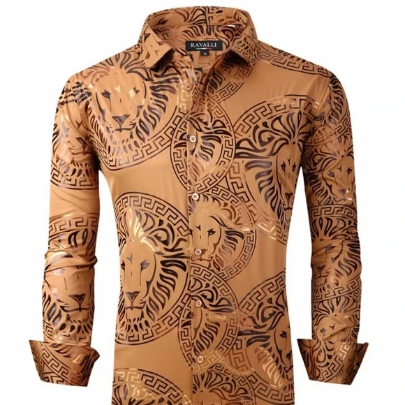 Italian Designer Men's Brown Lion Dress Shirt