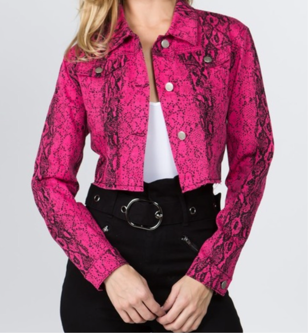 Women’s Hot Pink Snake Skin Print Jean Jacket