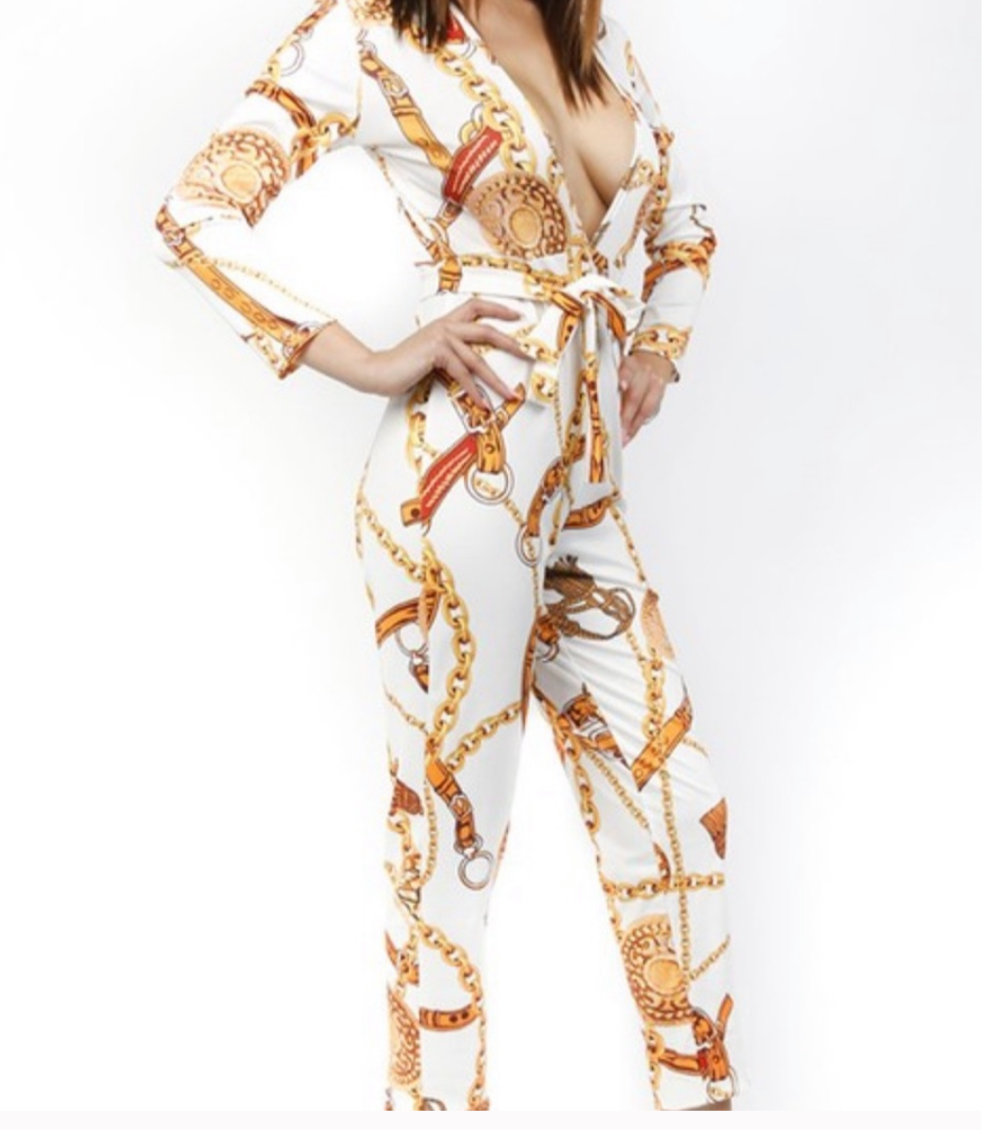 Women’s White Gold Chain Print Jumpsuit