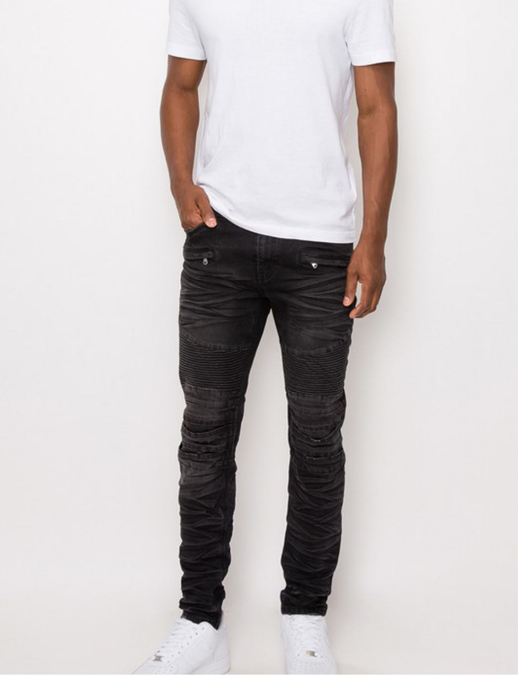 Men’s Creased Ribbed Biker Denim Jeans Pants