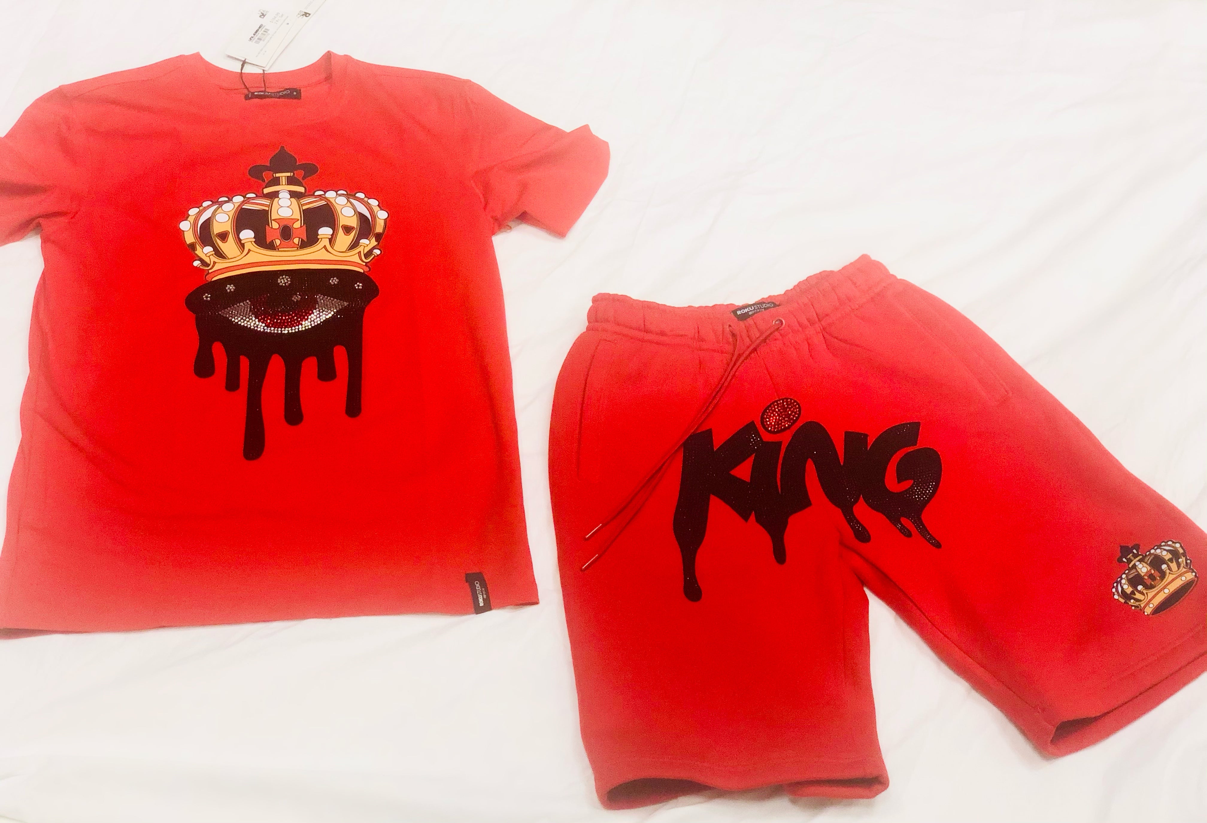 Roku Men’s Red 2 Piece King Rhinestone Shorts Set