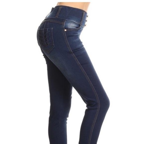 Dark Blue Jean Denim Stretch Jeans Elastic Waist Pants
