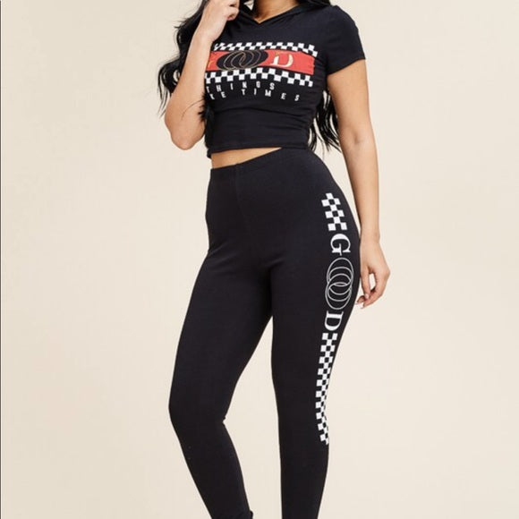 Black Red Good Times Stretch Hooded Crop Set