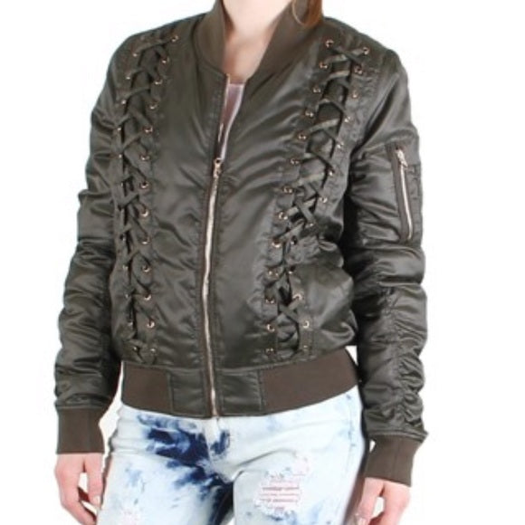 Women’s Lace Up Zip Up Shiny Army Green Bomber Jacket