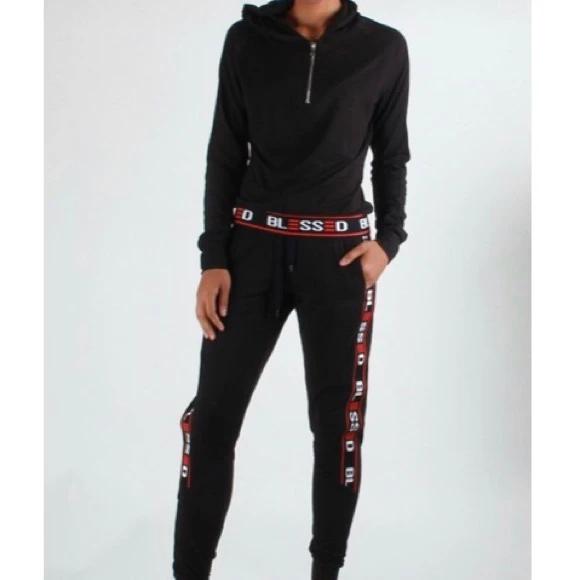 Blessed Black Red Stripe 2 Piece Hooded Sweat Suit