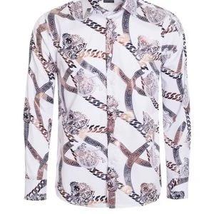 Italian Designer Print White Gold Chain Mens Dress Shirt Italian Designer Print White Gold Chain Mens Dress Shirt