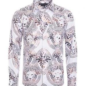 Italian Designer Print White Gold Mens Dress Shirt Unleashed Streetwear and Apparel Italian Designer Print White Gold Mens Dress Shirt Unleashed Streetwear and Apparel